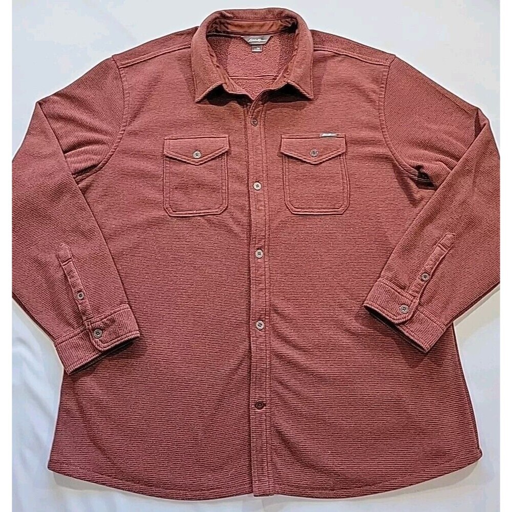 Eddie Bauer Men’s Chutes Microfleece Shirt Rust Red Stripe Button Front Size 2XL